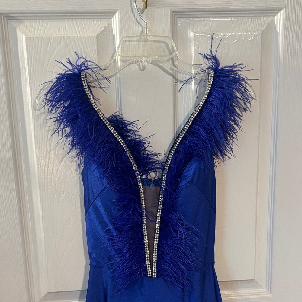 Elegant Blue Feather Trim Prom Dress